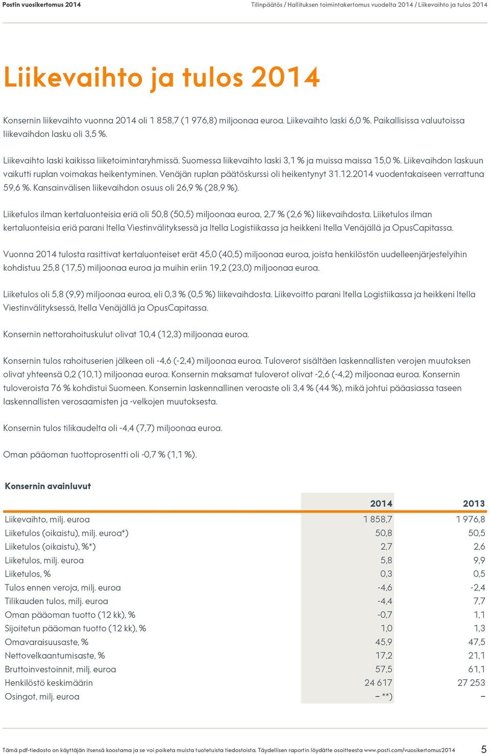 Liikevaihdon laskuun vaikutti ruplan voimakas heikentyminen. Venäjän ruplan päätöskurssi oli heikentynyt 31.12.2014 vuodentakaiseen verrattuna 59,6 %.