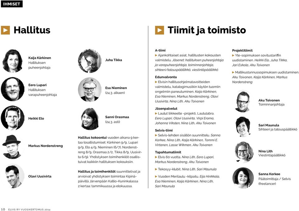 asti) Hallitus kokoontui vuoden aikana 9 kertaa (osallistumiset: Kärkinen 9/9, Lupari 9/9, Elo 4/9, Nieminen (6/7), Nordenstreng 8/9, Orasmaa 2/2, Tikka 8/9, Uusivirta 6/9).