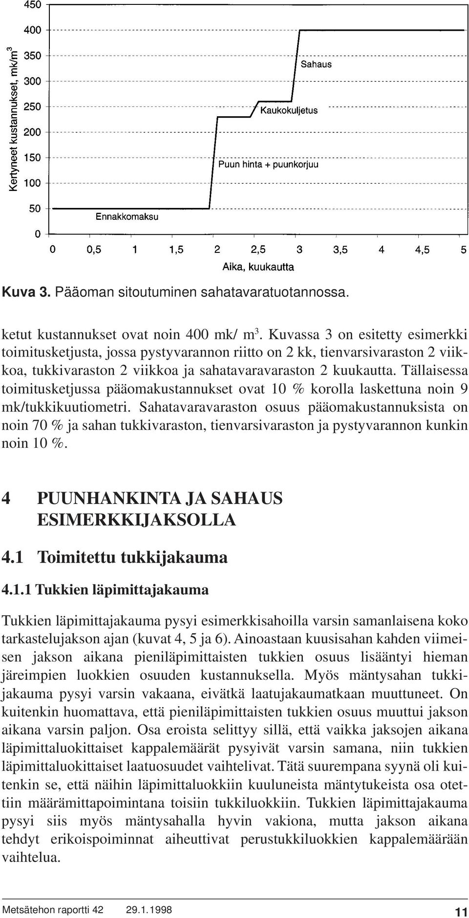 Tällaisessa toimitusketjussa pääomakustannukset ovat 10 % korolla laskettuna noin 9 mk/tukkikuutiometri.