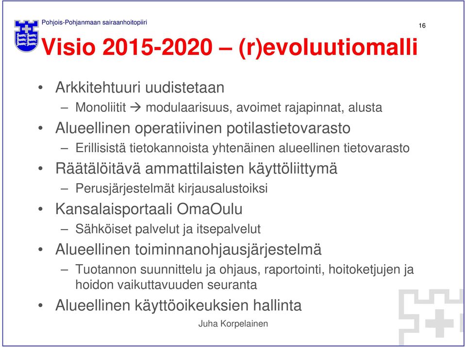 käyttöliittymä Perusjärjestelmät kirjausalustoiksi Kansalaisportaali OmaOulu Sähköiset palvelut ja itsepalvelut Alueellinen