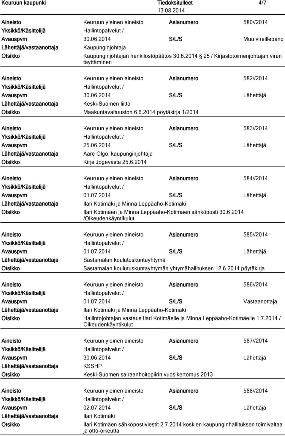 2014 25 / Kirjastotoimenjohtajan viran täyttäminen Aineisto Keuruun yleinen aineisto Asianumero 582//2014 Avauspvm 30.06.