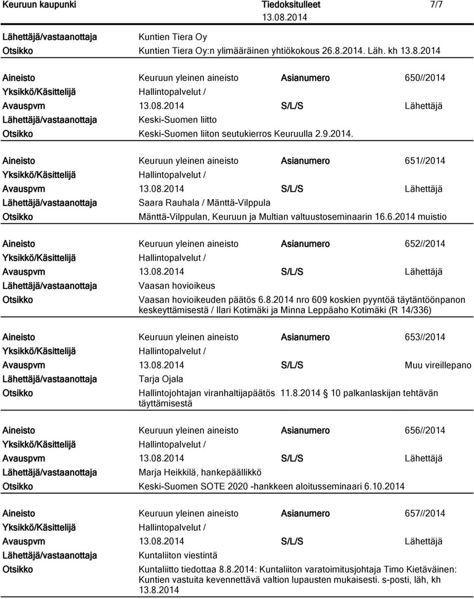 6.2014 muistio Aineisto Keuruun yleinen aineisto Asianumero 652//2014 Avauspvm S/L/S Lähettäjä Vaasan hovioikeus Vaasan hovioikeuden päätös 6.8.