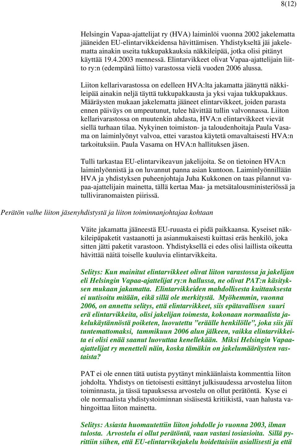 Elintarvikkeet olivat Vapaa-ajattelijain liitto ry:n (edempänä liitto) varastossa vielä vuoden 2006 alussa.