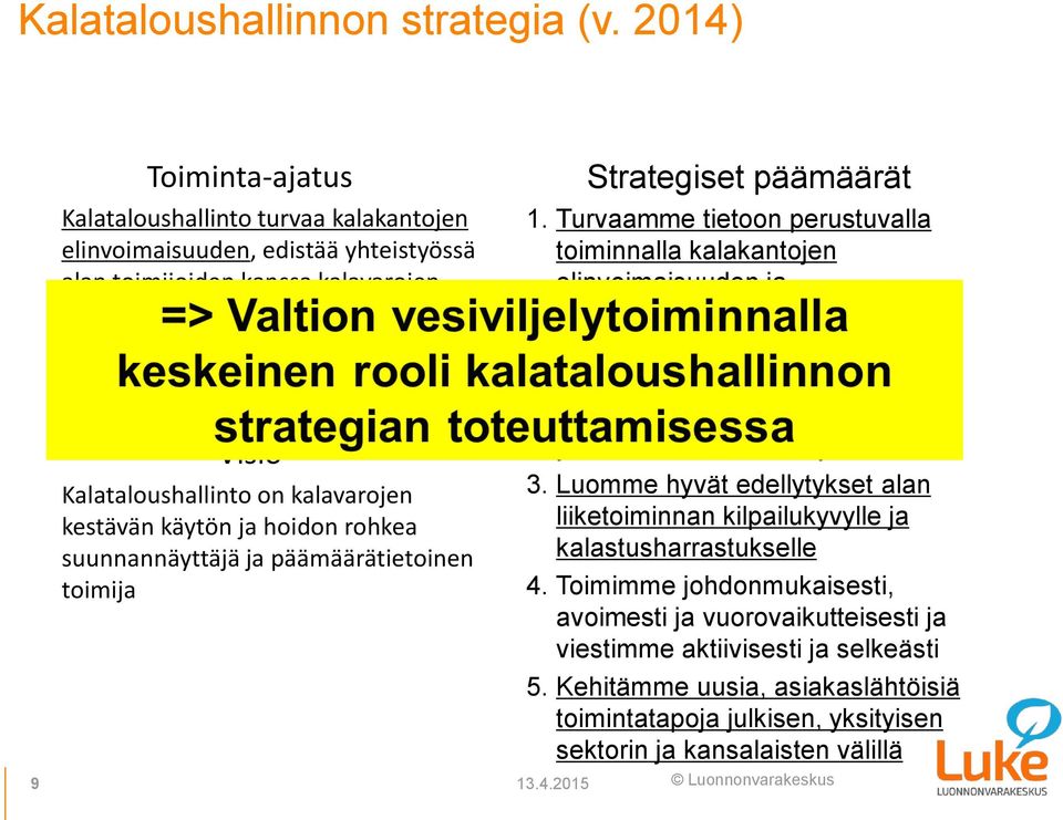 elinkeinoille ja vapaa-ajankalastukselle. Visio Kalataloushallinto on kalavarojen kestävän käytön ja hoidon rohkea suunnannäyttäjä ja päämäärätietoinen toimija 9 13.4.2015 Strategiset päämäärät 1.