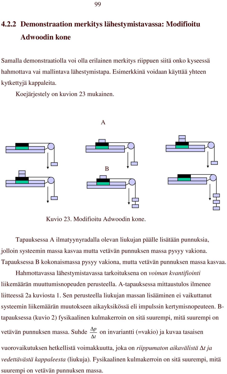 Tapauksessa ilmatyynyradalla olevan liukujan päälle lisätään punnuksia, jolloin systeemin massa kasvaa mutta vetävän punnuksen massa pysyy vakiona.