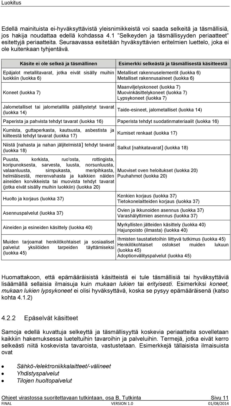 Käsite ei ole selkeä ja täsmällinen Epäjalot metallitavarat, jotka eivät sisälly muihin luokkiin (luokka 6) Koneet (luokka 7) Jalometalliset tai jalometallilla päällystetyt tavarat (luokka 14)