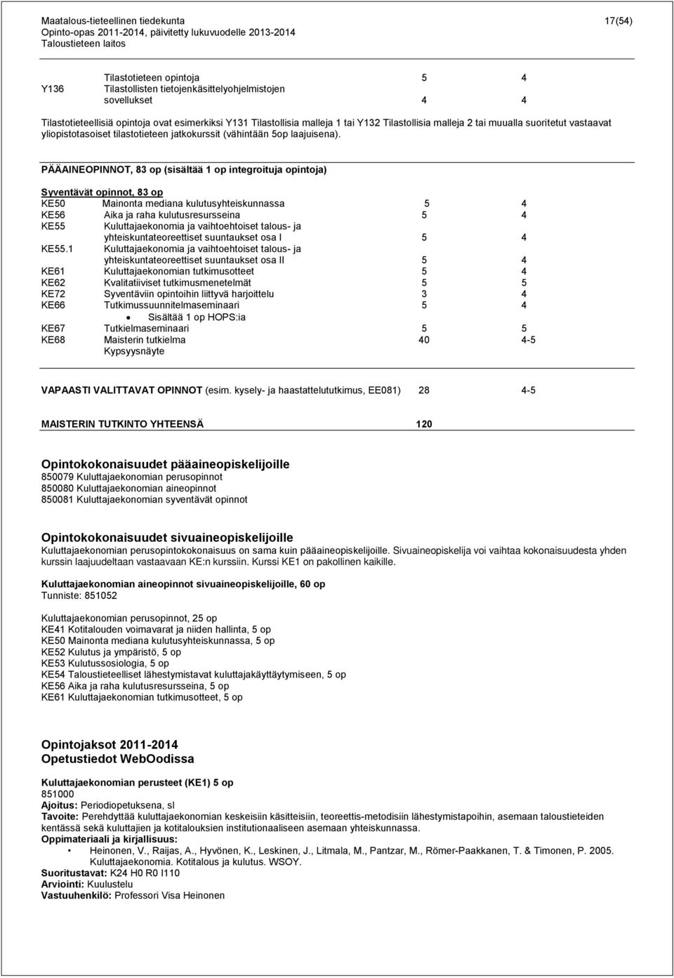 PÄÄAINEOPINNOT, 83 op (sisältää 1 op integroituja opintoja) Syventävät opinnot, 83 op KE50 Mainonta mediana kulutusyhteiskunnassa 5 4 KE56 Aika ja raha kulutusresursseina 5 4 KE55 Kuluttajaekonomia