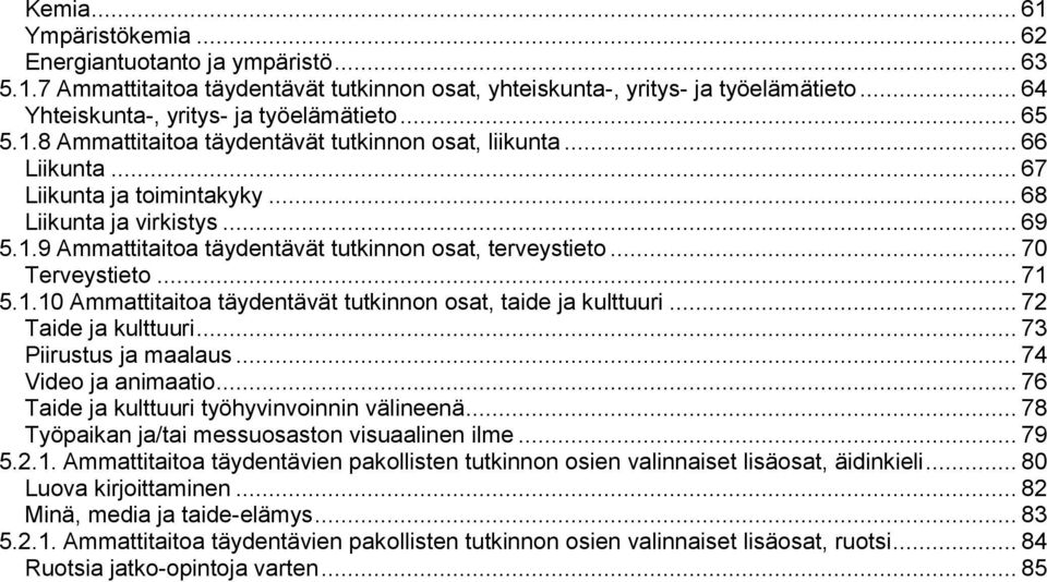 .. 70 Terveystieto... 71 5.1.10 Ammattitaitoa täydentävät tutkinnon osat, taide ja kulttuuri... 72 Taide ja kulttuuri... 73 Piirustus ja maalaus... 74 Video ja animaatio.