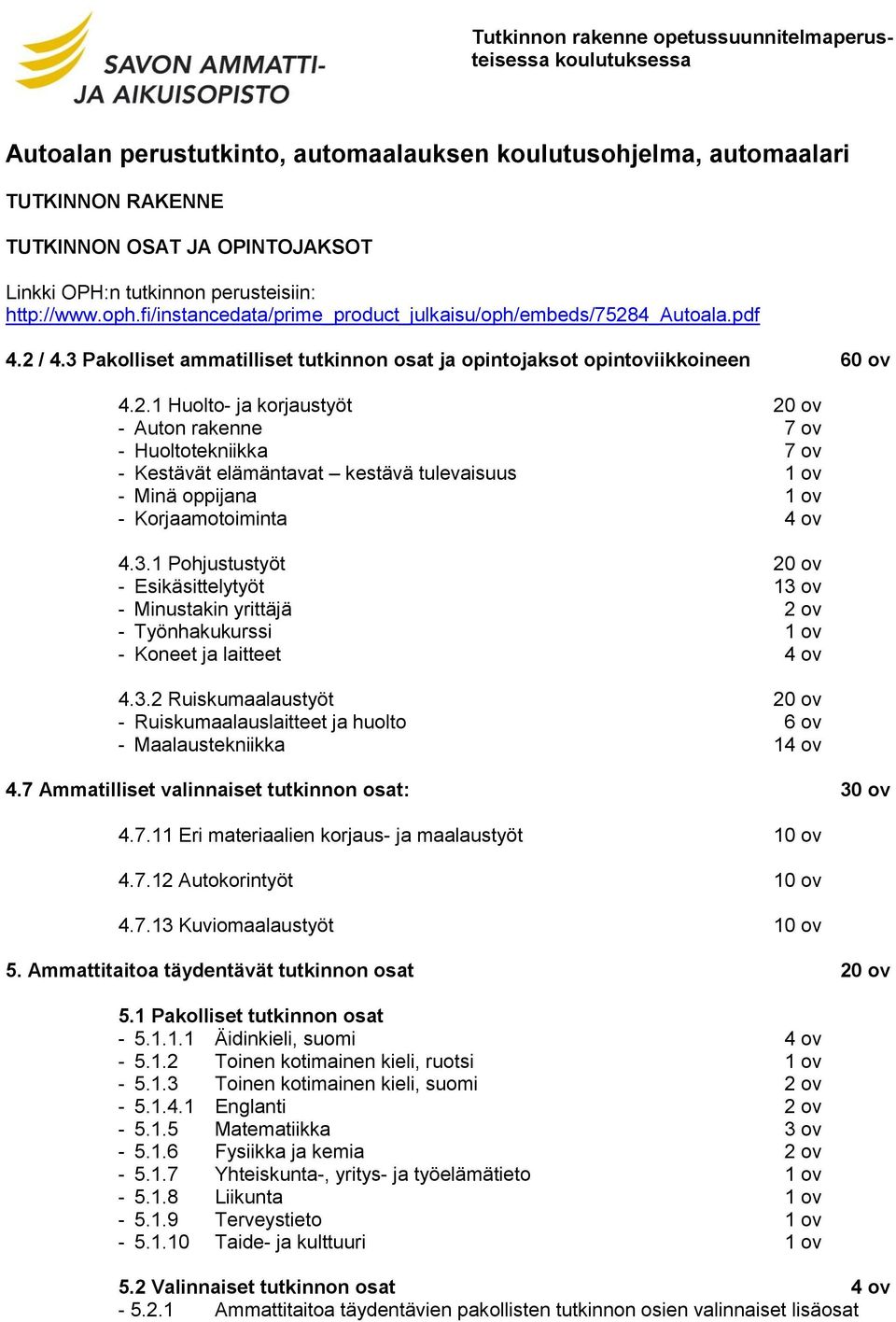 4_autoala.pdf 4.2 / 4.3 Pakolliset ammatilliset tutkinnon osat ja opintojaksot opintoviikkoineen 60 ov 4.2.1 Huolto- ja korjaustyöt 20 ov - Auton rakenne 7 ov - Huoltotekniikka 7 ov - Kestävät elämäntavat kestävä tulevaisuus - Minä oppijana - Korjaamotoiminta 4 ov 4.