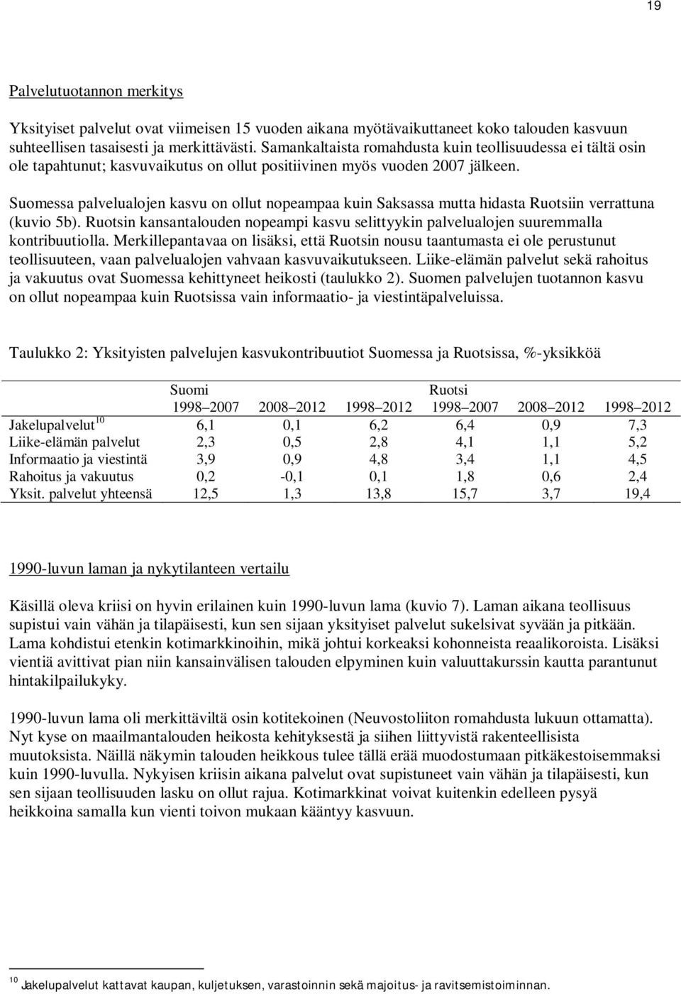 Suomessa palvelualojen kasvu on ollut nopeampaa kuin Saksassa mutta hidasta Ruotsiin verrattuna (kuvio 5b). Ruotsin kansantalouden nopeampi kasvu selittyykin palvelualojen suuremmalla kontribuutiolla.