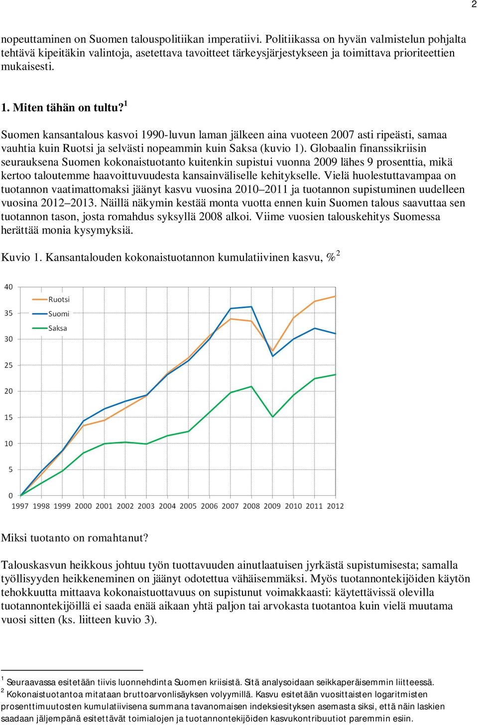 1 Suomen kansantalous kasvoi 1990-luvun laman jälkeen aina vuoteen 2007 asti ripeästi, samaa vauhtia kuin Ruotsi ja selvästi nopeammin kuin Saksa (kuvio 1).