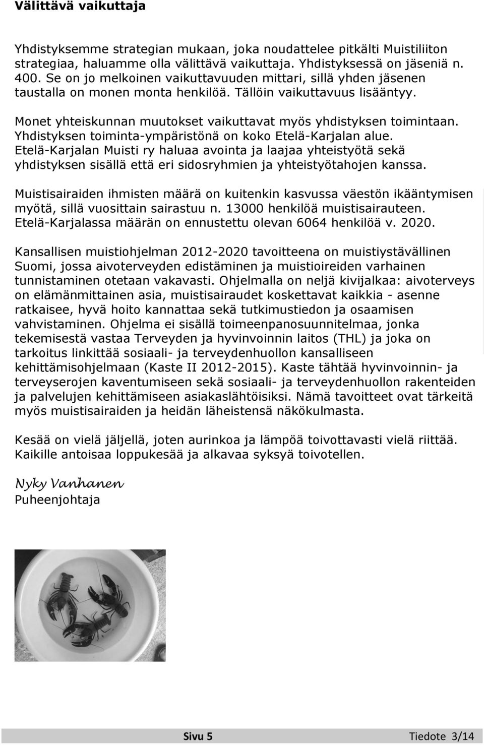 Yhdistyksen toiminta-ympäristönä on koko Etelä-Karjalan alue. Etelä-Karjalan Muisti ry haluaa avointa ja laajaa yhteistyötä sekä yhdistyksen sisällä että eri sidosryhmien ja yhteistyötahojen kanssa.