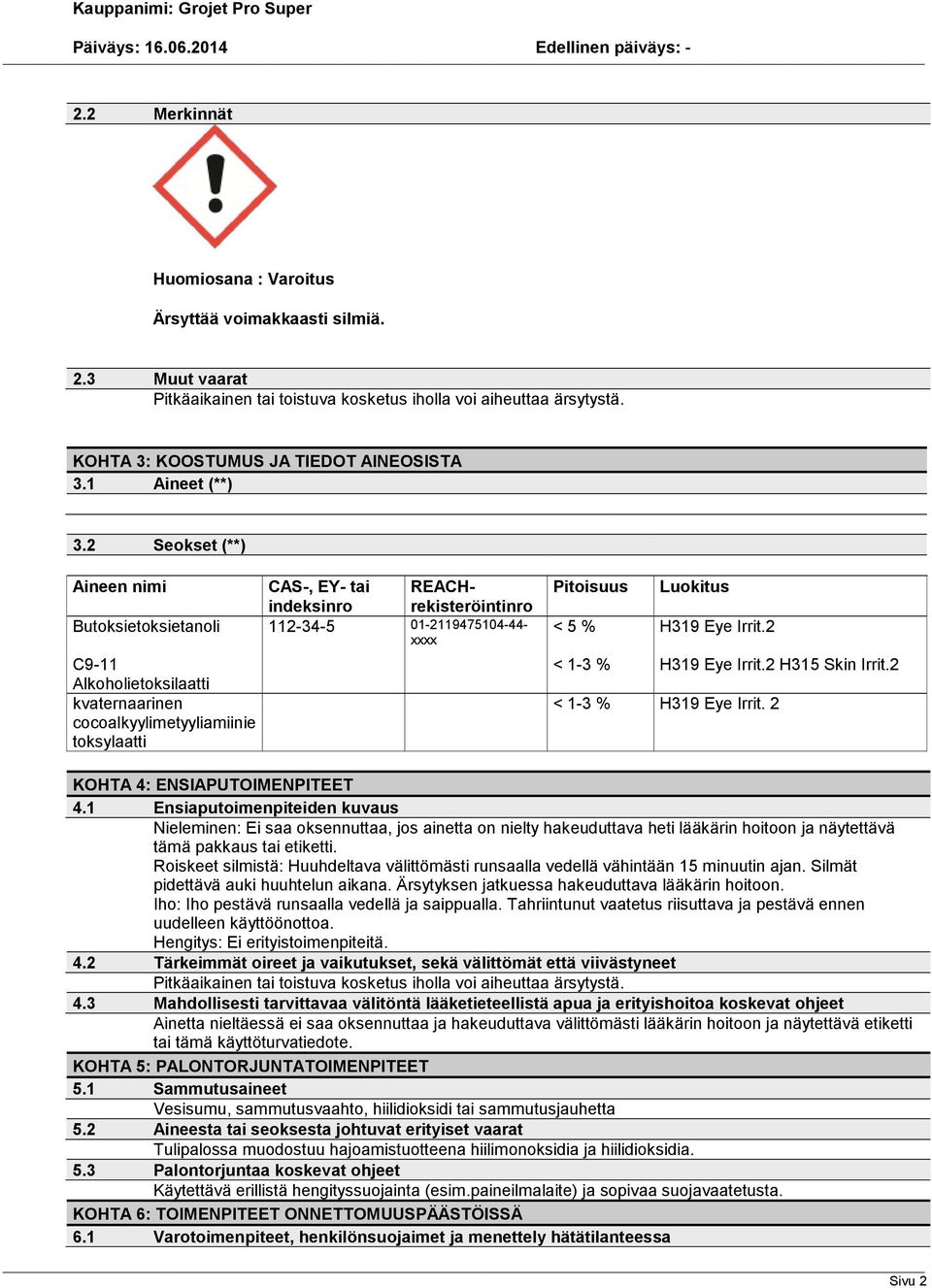 2 Seokset (**) Aineen nimi Butoksietoksietanoli C9-11 Alkoholietoksilaatti kvaternaarinen cocoalkyylimetyyliamiinie toksylaatti CAS-, EY- tai REACHrekisteröintinro indeksinro 112-34-5