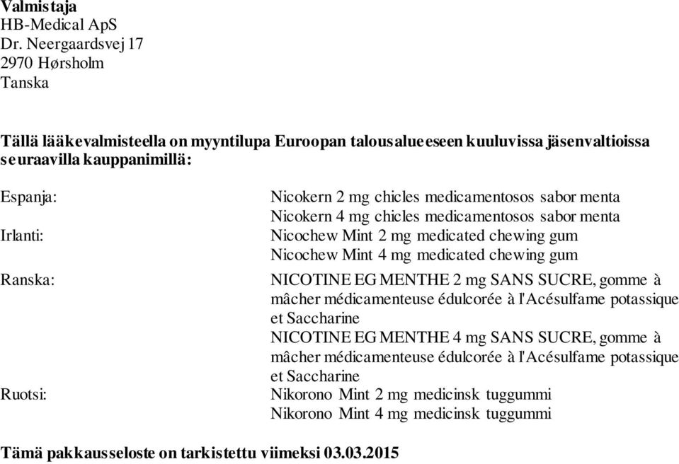 Nicokern 2 mg chicles medicamentosos sabor menta Nicokern 4 mg chicles medicamentosos sabor menta Nicochew Mint 2 mg medicated chewing gum Nicochew Mint 4 mg medicated chewing gum NICOTINE