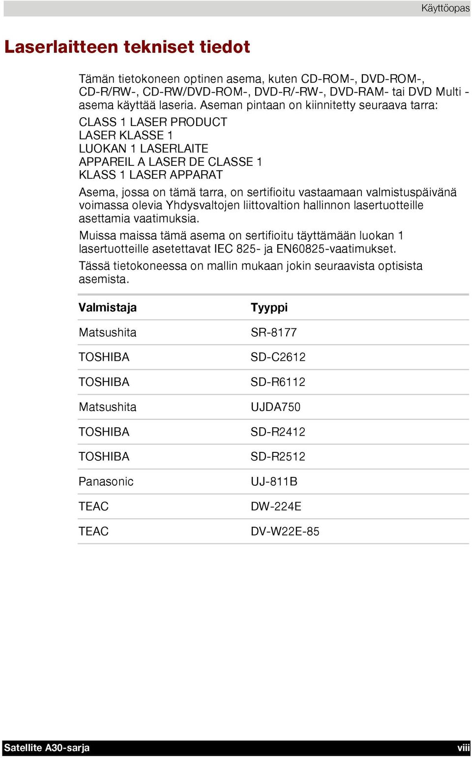 vastaamaan valmistuspäivänä voimassa olevia Yhdysvaltojen liittovaltion hallinnon lasertuotteille asettamia vaatimuksia.