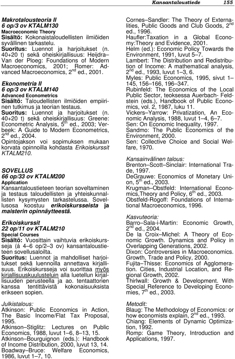 Romer: Advanced Macroeconomics, 2 nd ed., 2001. Ekonometria II 6 op/3 ov KTALM140 Advanced Econometrics Sisältö: Taloudellisten ilmiöiden empiirinen tutkimus ja teorian testaus.