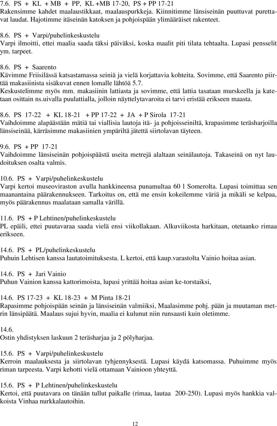 Lupasi pensselit ym. tarpeet. 8.6. PS + Saarento Kävimme Friisilässä katsastamassa seiniä ja vielä korjattavia kohteita. Sovimme, että Saarento piirtää makasiinista sisäkuvat ennen lomalle lähtöä 5.7.