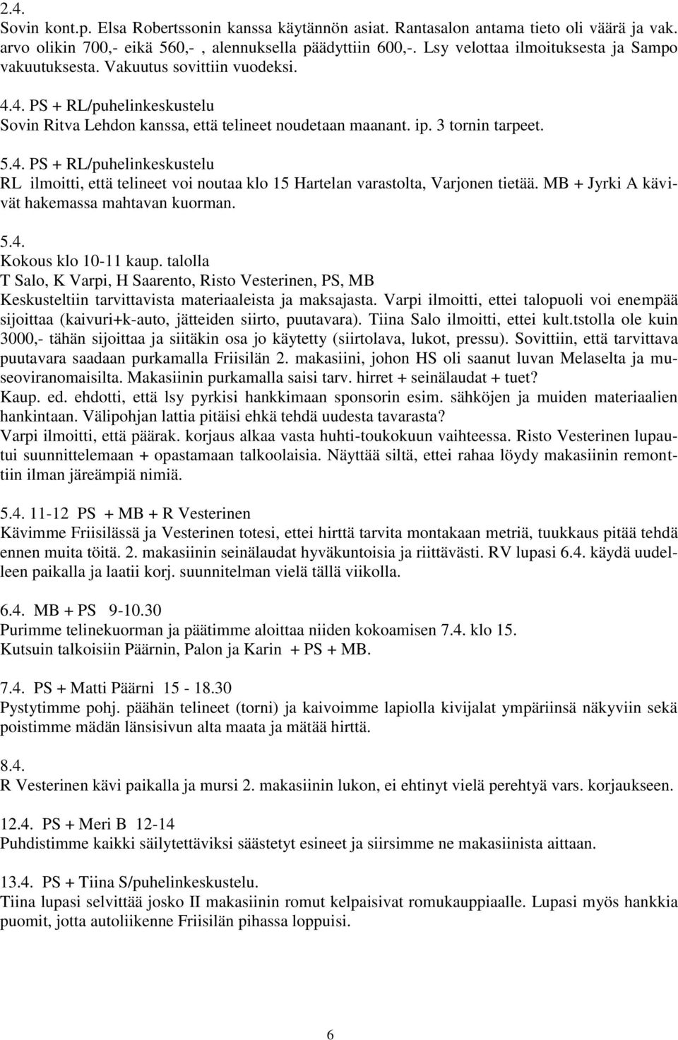 MB + Jyrki A kävivät hakemassa mahtavan kuorman. 5.4. Kokous klo 10-11 kaup. talolla T Salo, K Varpi, H Saarento, Risto Vesterinen, PS, MB Keskusteltiin tarvittavista materiaaleista ja maksajasta.