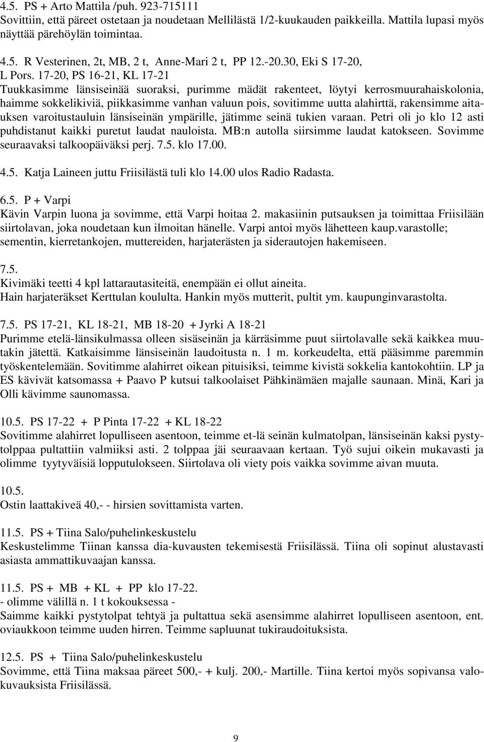 17-20, PS 16-21, KL 17-21 Tuukkasimme länsiseinää suoraksi, purimme mädät rakenteet, löytyi kerrosmuurahaiskolonia, haimme sokkelikiviä, piikkasimme vanhan valuun pois, sovitimme uutta alahirttä,