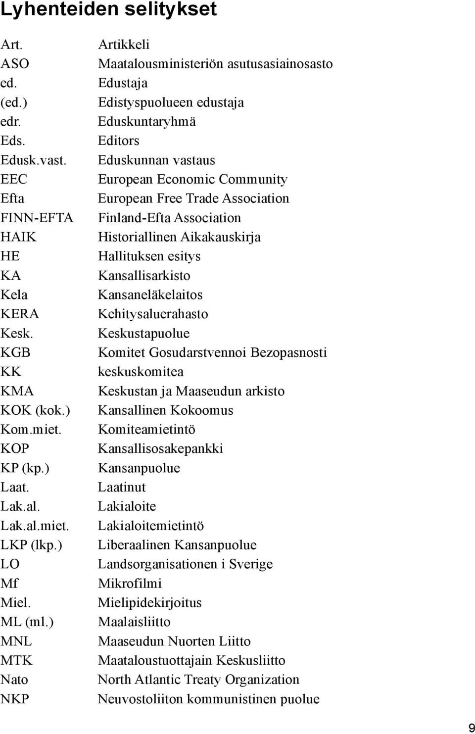 ) MNL MTK Nato NKP Artikkeli Maatalousministeriön asutusasiainosasto Edustaja Edistyspuolueen edustaja Eduskuntaryhmä Editors Eduskunnan vastaus European Economic Community European Free Trade