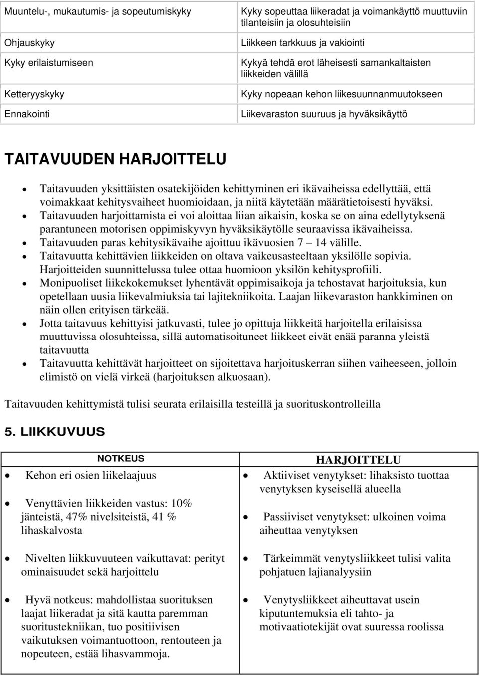 yksittäisten osatekijöiden kehittyminen eri ikävaiheissa edellyttää, että voimakkaat kehitysvaiheet huomioidaan, ja niitä käytetään määrätietoisesti hyväksi.