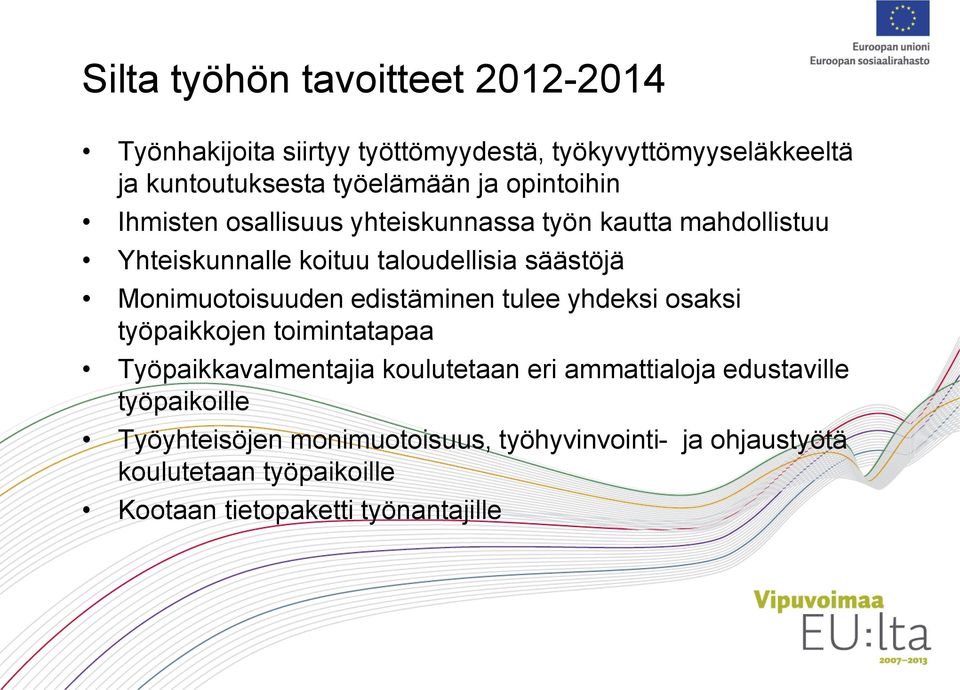 Monimuotoisuuden edistäminen tulee yhdeksi osaksi työpaikkojen toimintatapaa Työpaikkavalmentajia koulutetaan eri ammattialoja