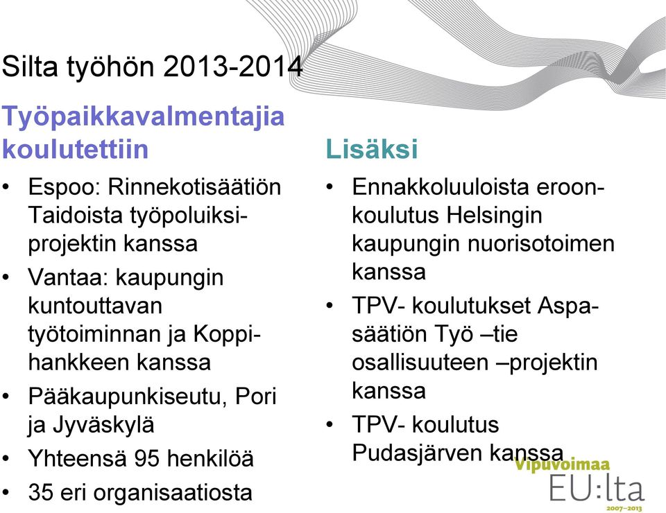 Yhteensä 95 henkilöä 35 eri organisaatiosta Lisäksi Ennakkoluuloista eroonkoulutus Helsingin kaupungin