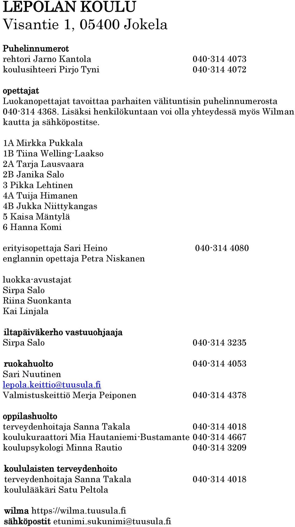 1A Mirkka Pukkala 1B Tiina Welling-Laakso 2A Tarja Lausvaara 2B Janika Salo 3 Pikka Lehtinen 4A Tuija Himanen 4B Jukka Niittykangas 5 Kaisa Mäntylä 6 Hanna Komi erityisopettaja Sari Heino 040-314