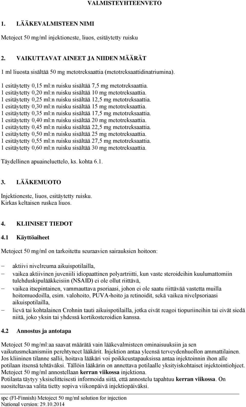 1 esitäytetty 0,20 ml:n ruisku sisältää 10 mg metotreksaattia. 1 esitäytetty 0,25 ml:n ruisku sisältää 12,5 mg metotreksaattia. 1 esitäytetty 0,30 ml:n ruisku sisältää 15 mg metotreksaattia.