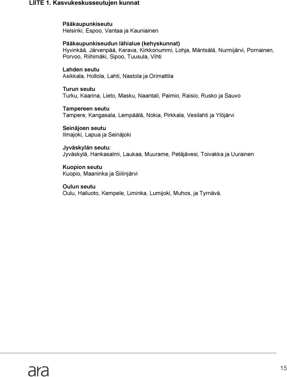 Nurmijärvi, Pornainen, Porvoo, Riihimäki, Sipoo, Tuusula, Vihti Lahden seutu Asikkala, Hollola, Lahti, Nastola ja Orimattila Turun seutu Turku, Kaarina, Lieto, Masku, Naantali, Paimio,