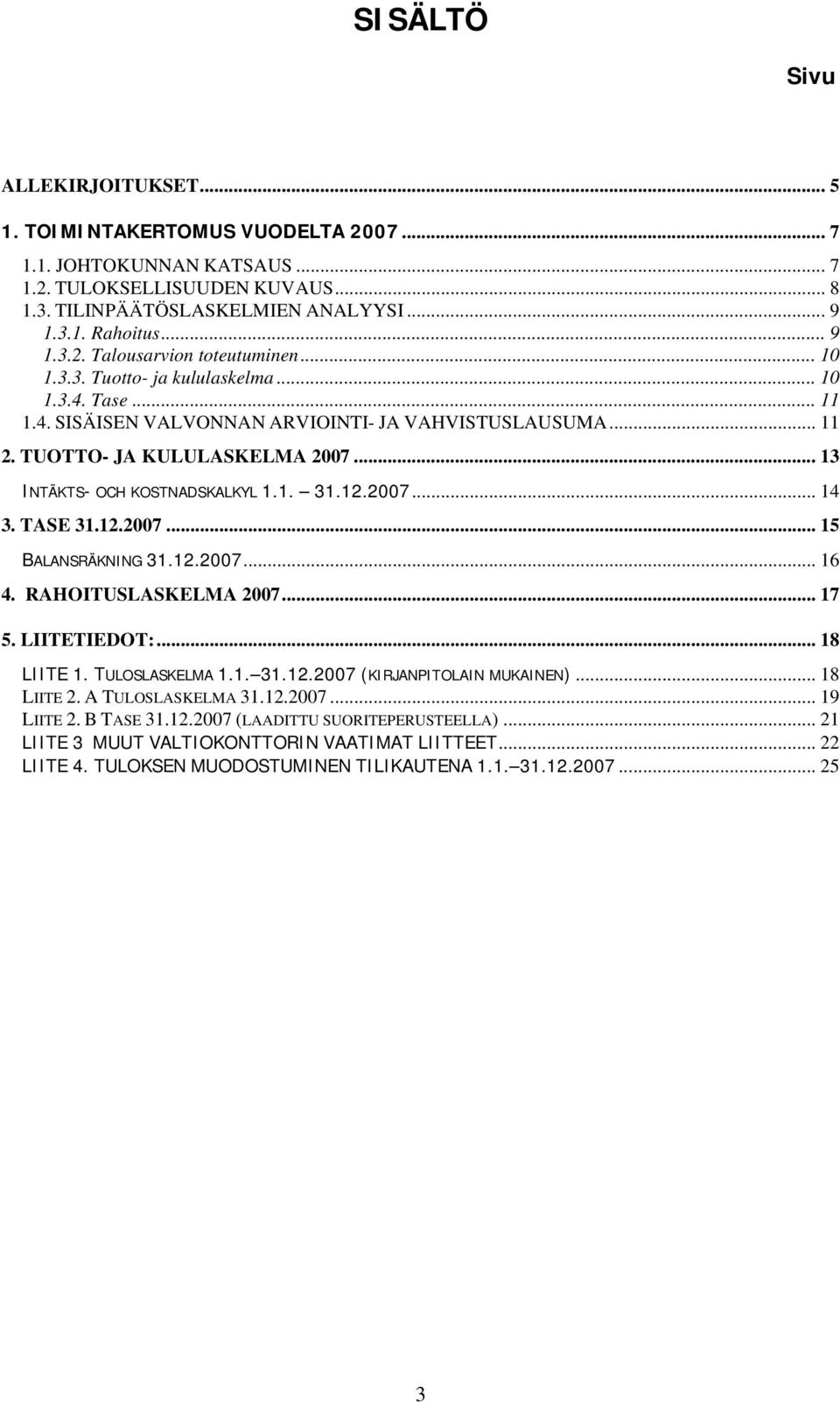2007... 14 3. TASE 31.12.2007... 15 BALANSRÄKNING 31.12.2007... 16 4. RAHOITUSLASKELMA 2007... 17 5. LIITETIEDOT:... 18 LIITE 1. TULOSLASKELMA 1.1. 31.12.2007 (KIRJANPITOLAIN MUKAINEN)... 18 LIITE 2.