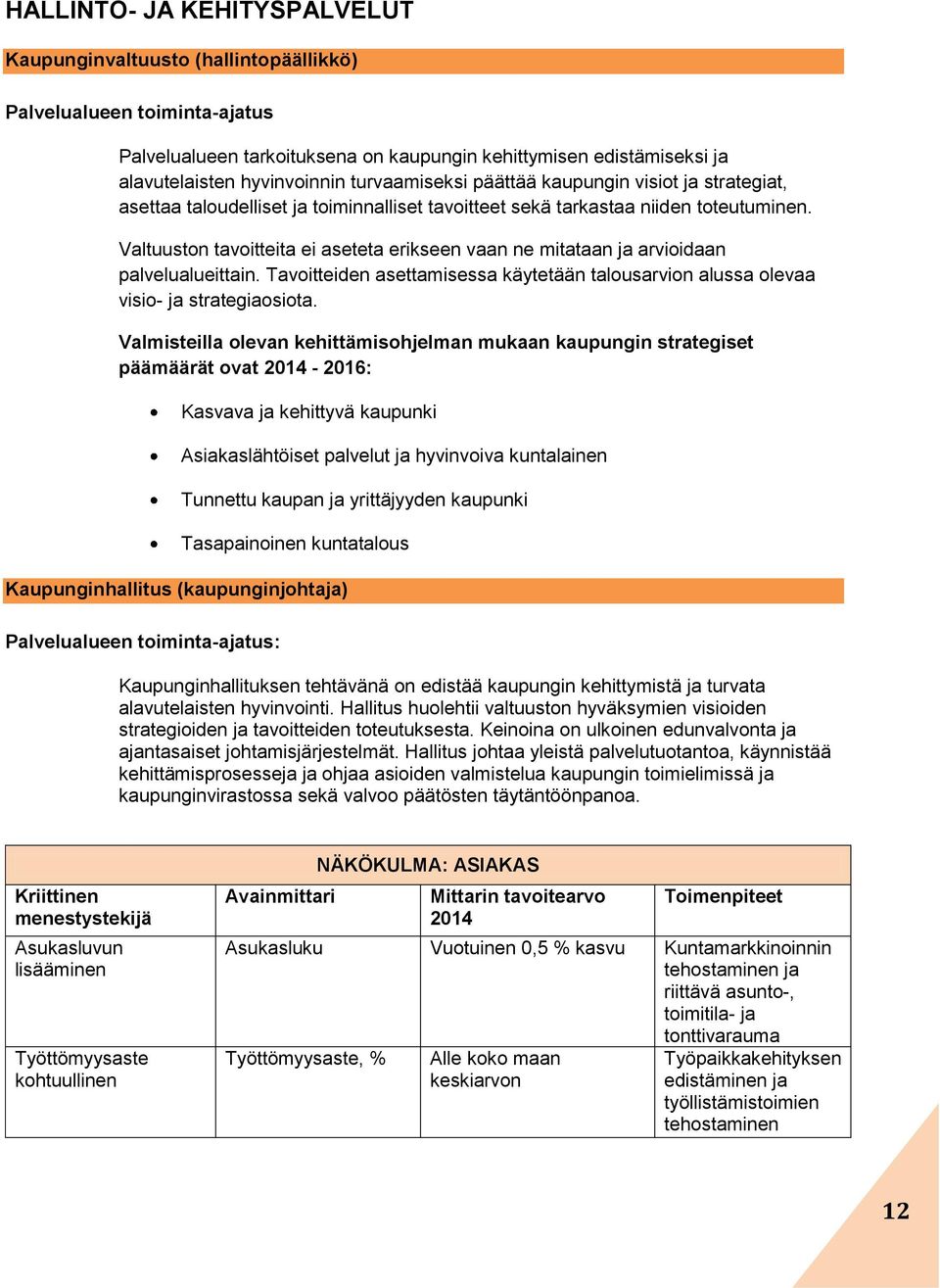 Valtuuston tavoitteita ei aseteta erikseen vaan ne mitataan ja arvioidaan palvelualueittain. Tavoitteiden asettamisessa käytetään talousarvion alussa olevaa visio- ja strategiaosiota.