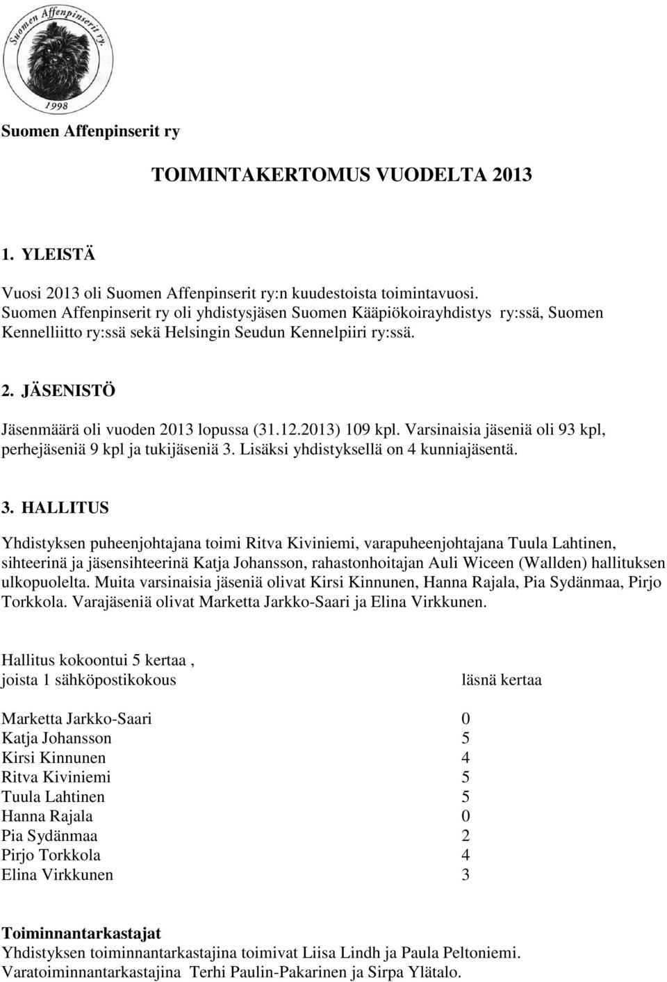 12.2013) 109 kpl. Varsinaisia jäseniä oli 93 kpl, perhejäseniä 9 kpl ja tukijäseniä 3.