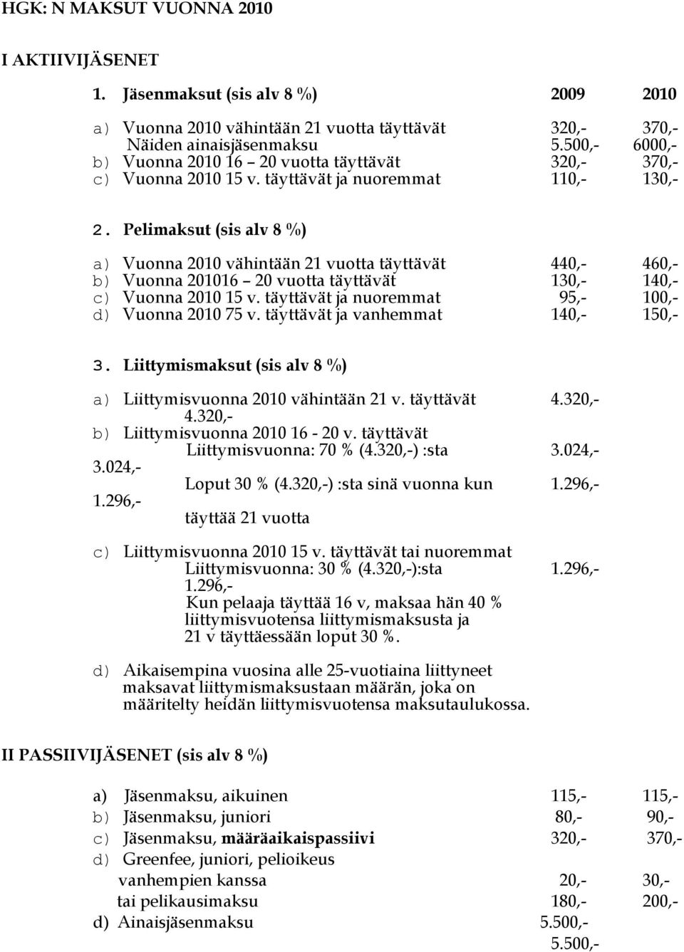 Pelimaksut (sis alv 8 %) a) Vuonna 2010 vähintään 21 vuotta täyttävät 440,- 460,- b) Vuonna 201016 20 vuotta täyttävät 130,- 140,- c) Vuonna 2010 15 v.