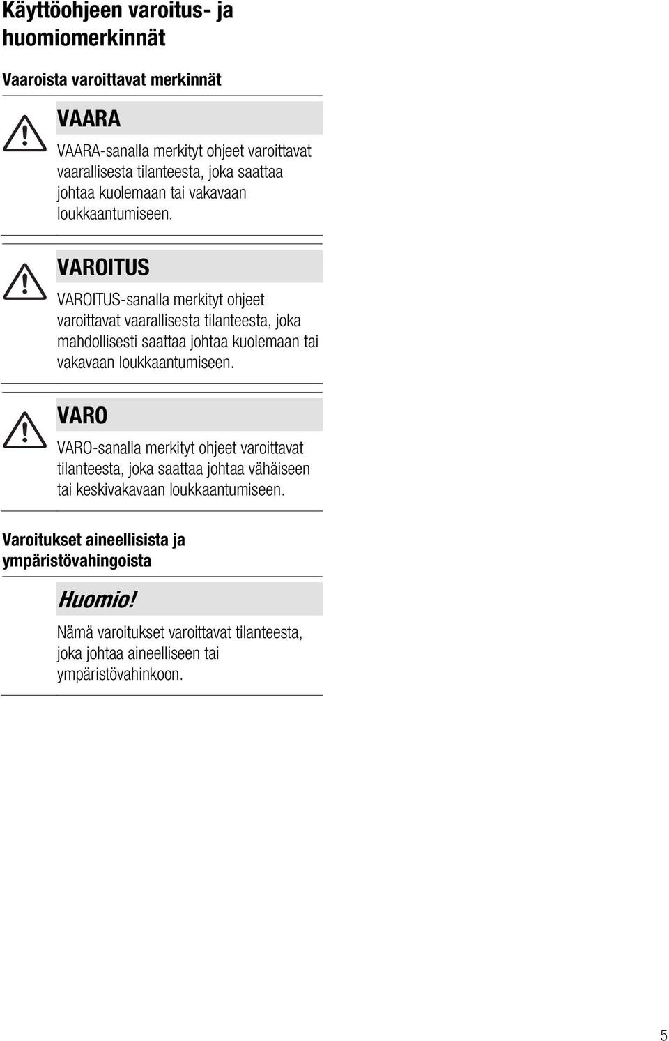 VAROITUS VAROITUS-sanalla merkityt ohjeet varoittavat vaarallisesta tilanteesta, joka mahdollisesti  VARO VARO-sanalla merkityt ohjeet varoittavat tilanteesta,