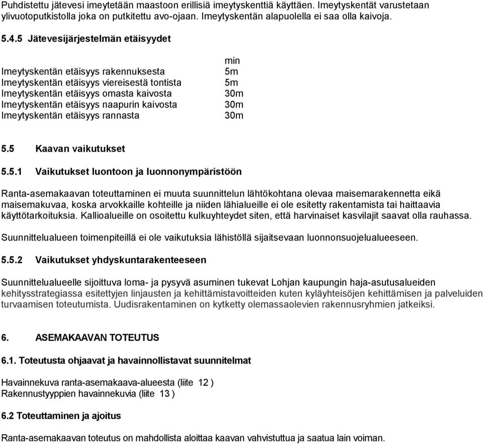 Imeytyskentän etäisyys rannasta min 5m