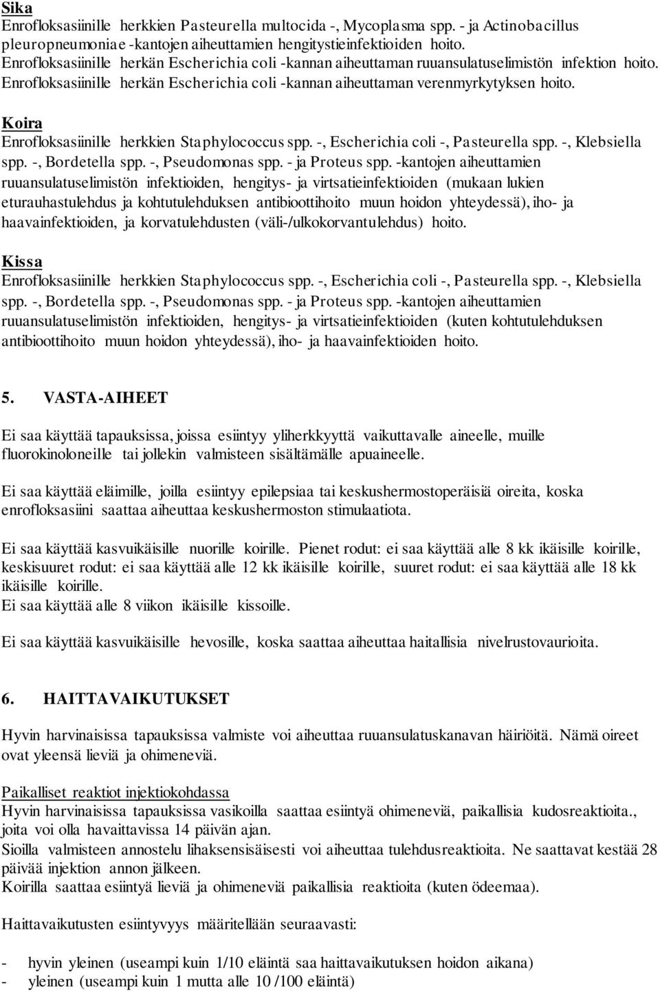 Koira Enrofloksasiinille herkkien Staphylococcus spp. -, Escherichia coli -, Pasteurella spp. -, Klebsiella spp. -, Bordetella spp. -, Pseudomonas spp. - ja Proteus spp.