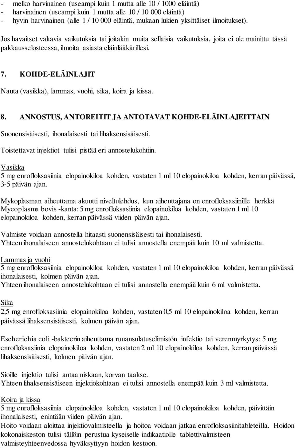 KOHDE-ELÄINLAJIT Nauta (vasikka), lammas, vuohi, sika, koira ja kissa. 8. ANNOSTUS, ANTOREITIT JA ANTOTAVAT KOHDE-ELÄINLAJEITTAIN Suonensisäisesti, ihonalaisesti tai lihaksensisäisesti.