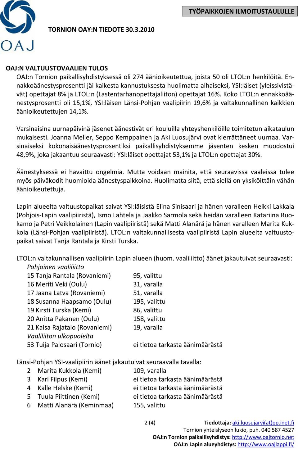 Koko LTOL:n ennakkoäänestysprosentti oli 15,1%, YSI:läisen Länsi Pohjan vaalipiirin 19,6% ja valtakunnallinen kaikkien äänioikeutettujen 14,1%.