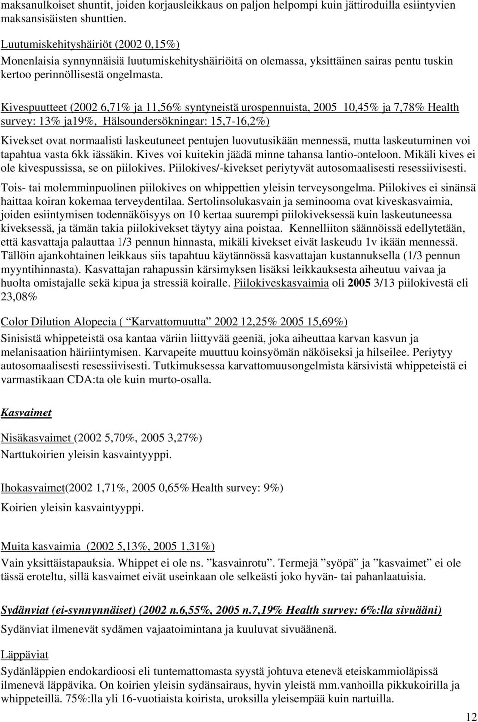 Kivespuutteet (2002 6,71% ja 11,56% syntyneistä urospennuista, 2005 10,45% ja 7,78% Health survey: 13% ja19%, Hälsoundersökningar: 15,7-16,2%) Kivekset ovat normaalisti laskeutuneet pentujen