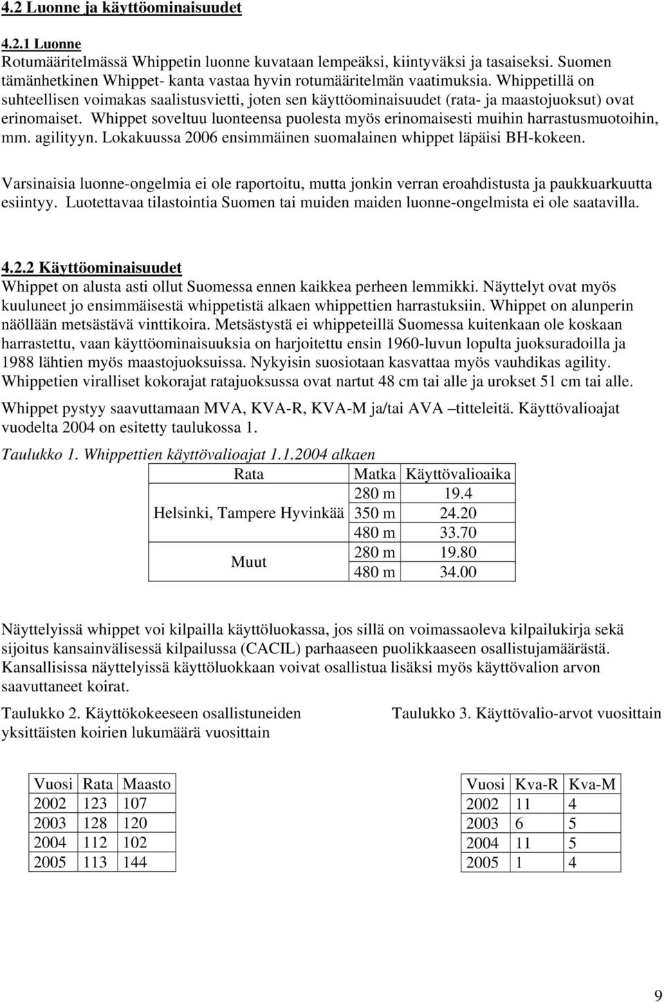 Whippetillä on suhteellisen voimakas saalistusvietti, joten sen käyttöominaisuudet (rata- ja maastojuoksut) ovat erinomaiset.