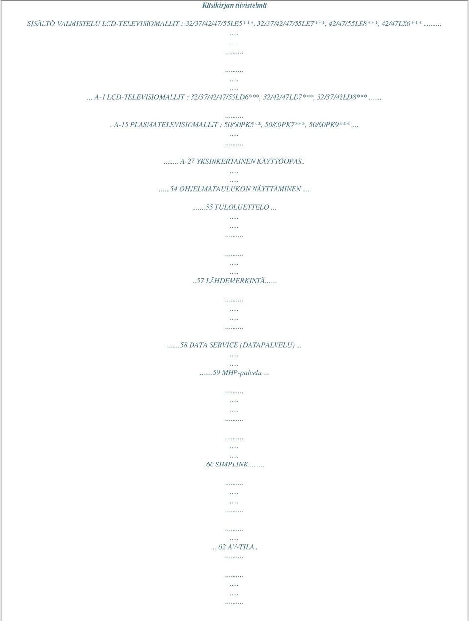 .. A-15 PLASMATELEVISIOMALLIT : 50/60PK5**, 50/60PK7***, 50/60PK9***...... A-27 YKSINKERTAINEN KÄYTTÖOPAS.