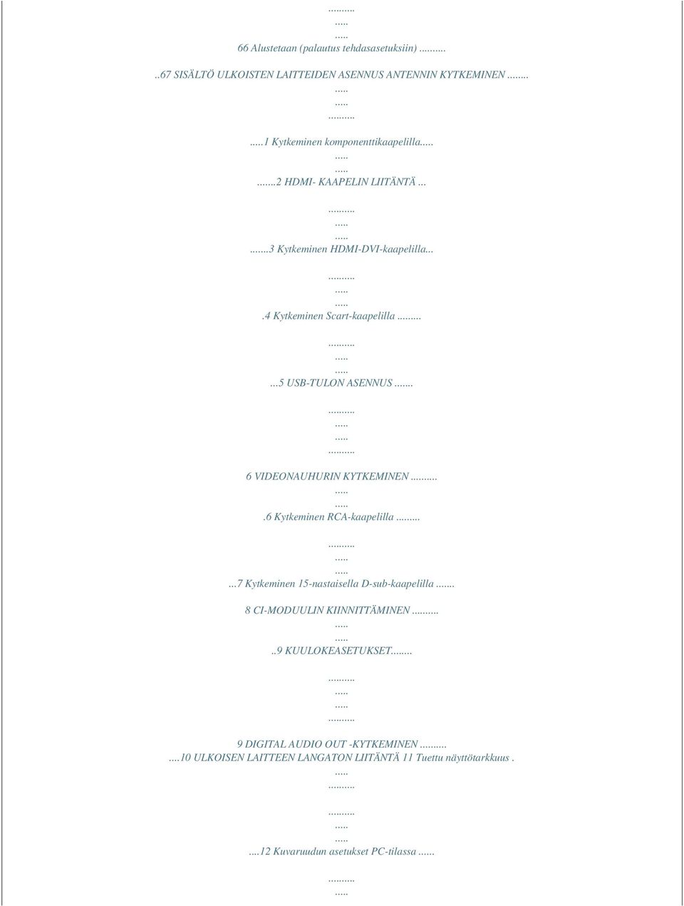 . 6 VIDEONAUHURIN KYTKEMINEN.6 Kytkeminen RCA-kaapelilla......7 Kytkeminen 15-nastaisella D-sub-kaapelilla.. 8 CI-MODUULIN KIINNITTÄMINEN.