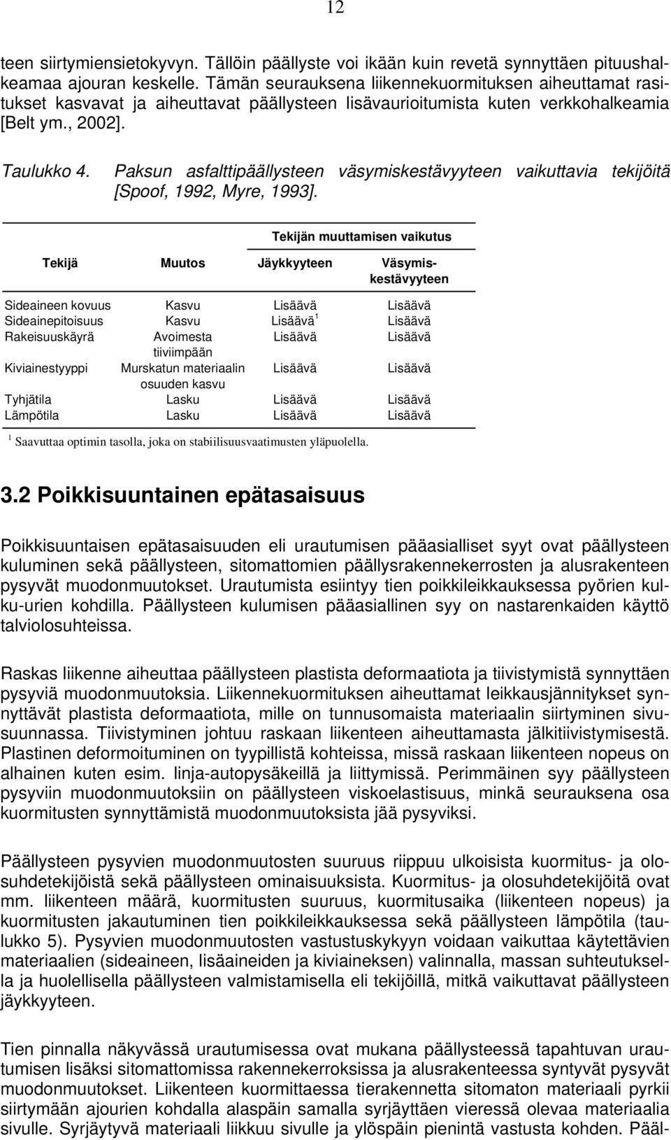 Paksun asfalttipäällysteen väsymiskestävyyteen vaikuttavia tekijöitä [Spoof, 1992, Myre, 1993].