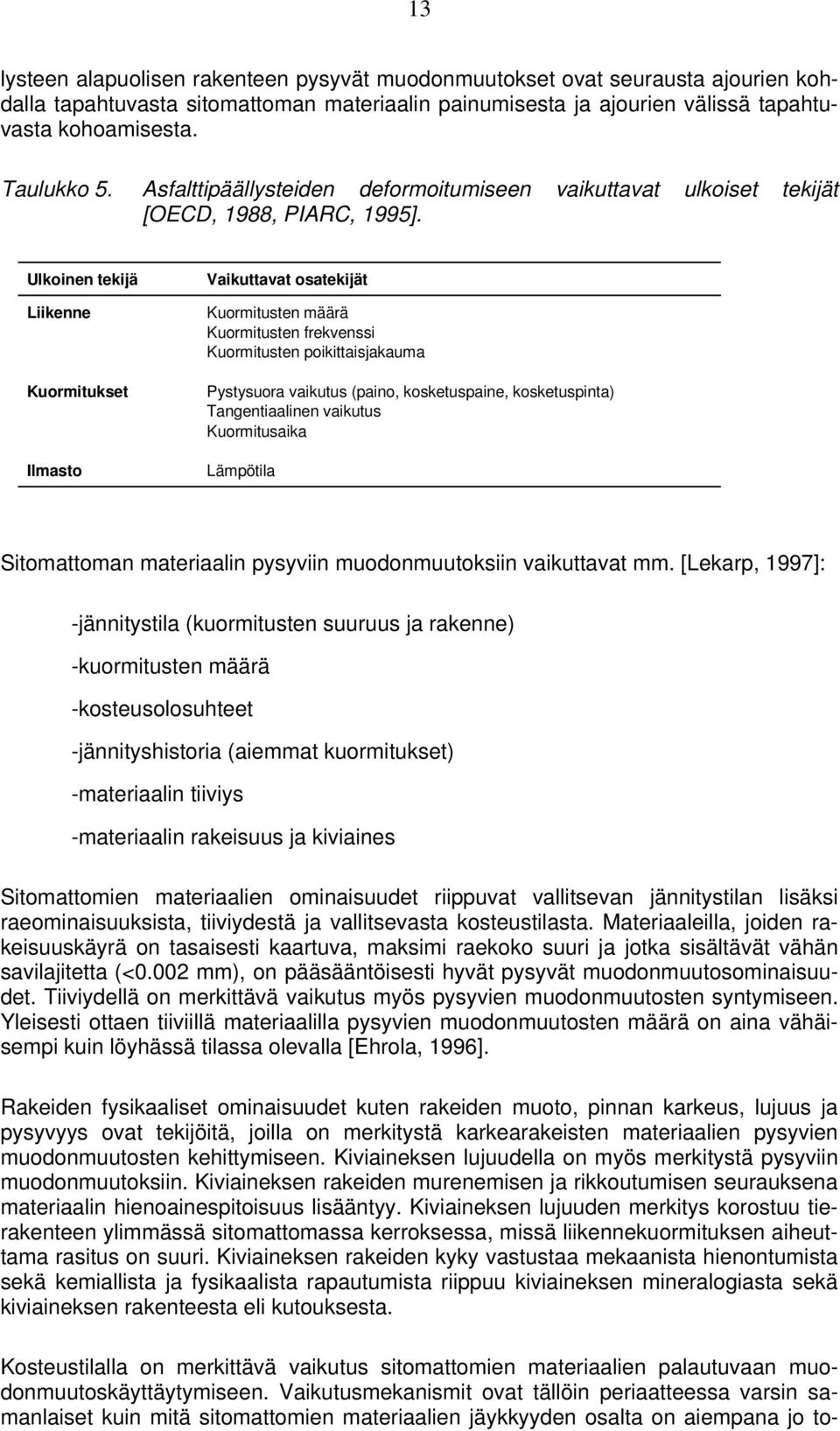 Ulkoinen tekijä Liikenne Kuormitukset Ilmasto Vaikuttavat osatekijät Kuormitusten määrä Kuormitusten frekvenssi Kuormitusten poikittaisjakauma Pystysuora vaikutus (paino, kosketuspaine,