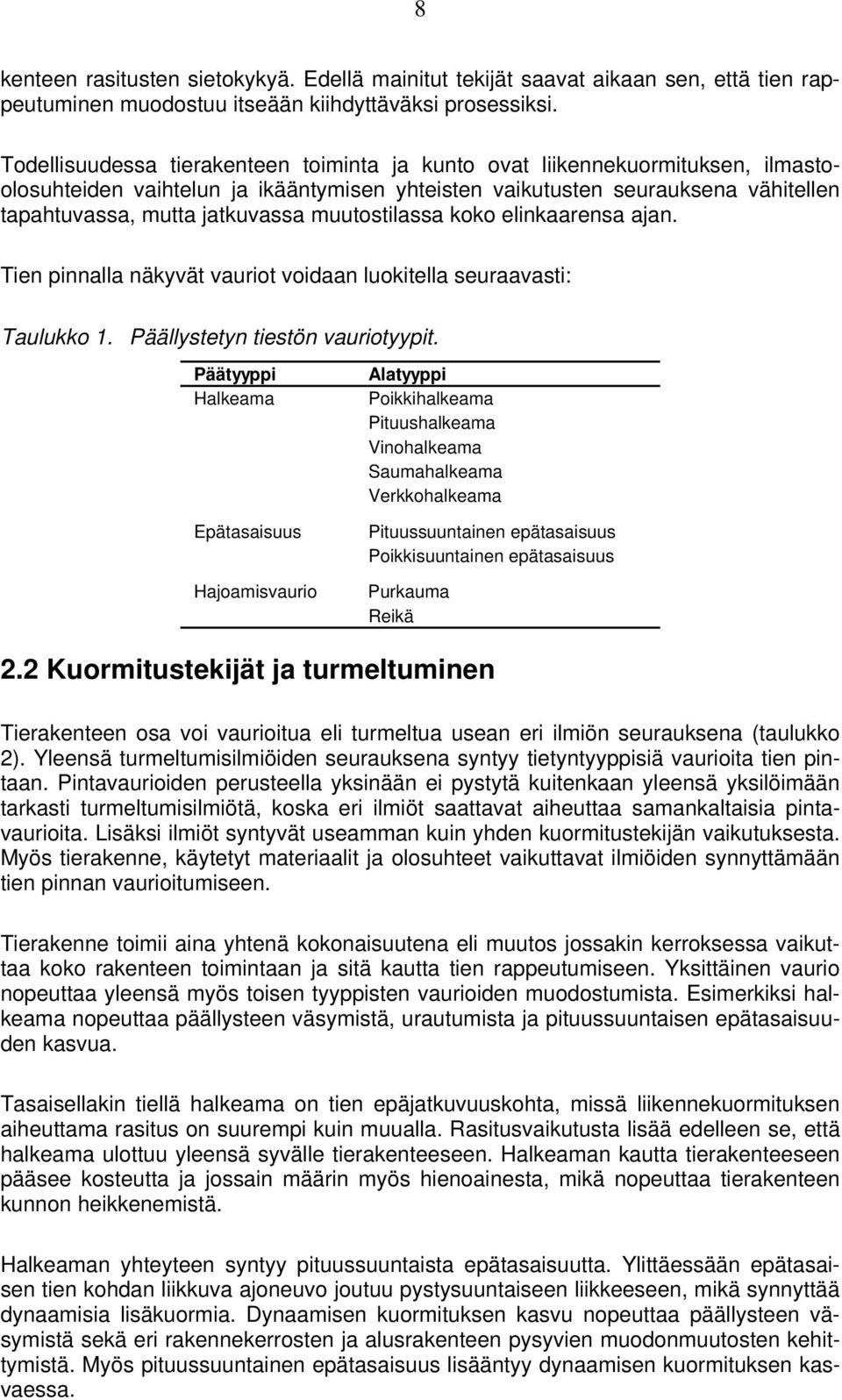 muutostilassa koko elinkaarensa ajan. Tien pinnalla näkyvät vauriot voidaan luokitella seuraavasti: Taulukko 1. Päällystetyn tiestön vauriotyypit.