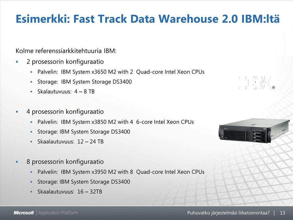 Storage: IBM System Storage DS3400 Skalautuvuus: 4 8 TB 4 prosessorin konfiguraatio Palvelin: IBM System x3850 M2 with 4 6-core Intel Xeon