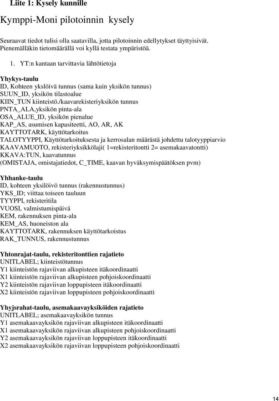 /kaavarekisteriyksikön tunnus PNTA_ALA,yksikön pinta-ala OSA_ALUE_ID, yksikön pienalue KAP_AS, asumisen kapasiteetti, AO, AR, AK KAYTTOTARK, käyttötarkoitus TALOTYYPPI, Käyttötarkoituksesta ja