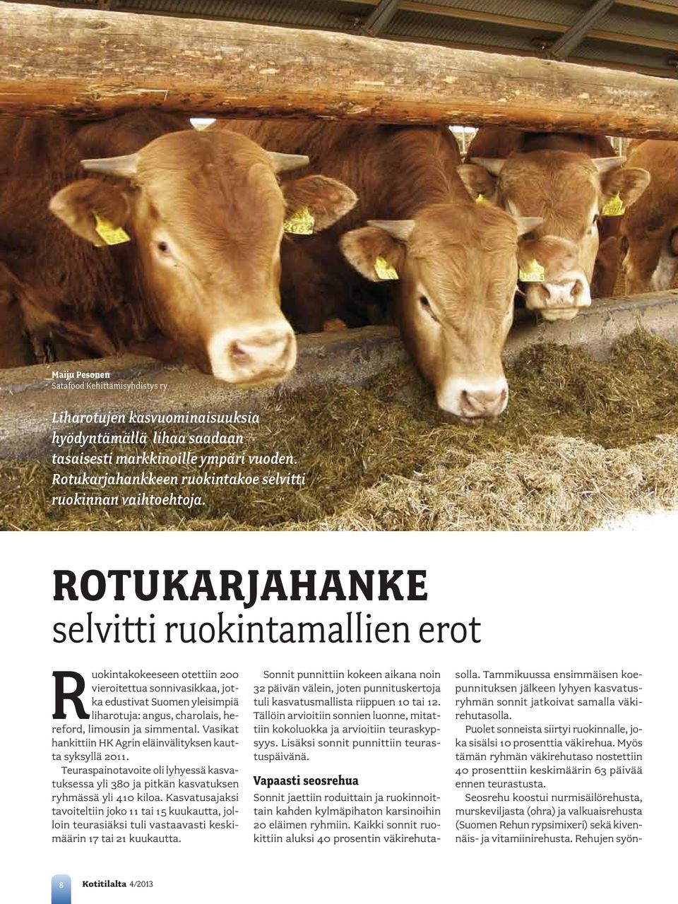 Rotukarjahanke selvitti ruokintamallien erot Ruokintakokeeseen otettiin 200 vieroitettua sonnivasikkaa, jotka edustivat Suomen yleisimpiä liharotuja: angus, charolais, hereford, limousin ja simmental.