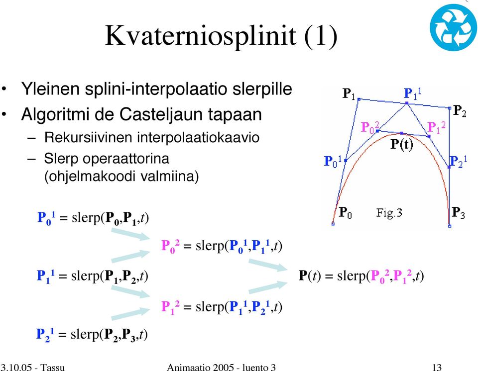 slerp(p 0,P 1,t) P 0 2 = slerp(p 01,P 11,t) P 1 1 = slerp(p 1,P 2,t) P(t) = slerp(p 02,P